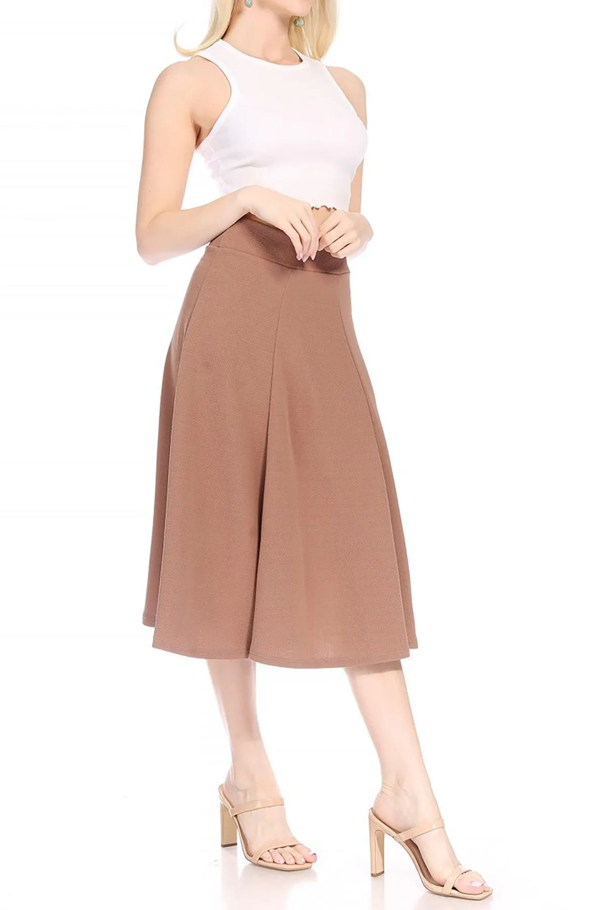 Women's Solid Flared Lightweight Elastic Long Midi A-line Skirt