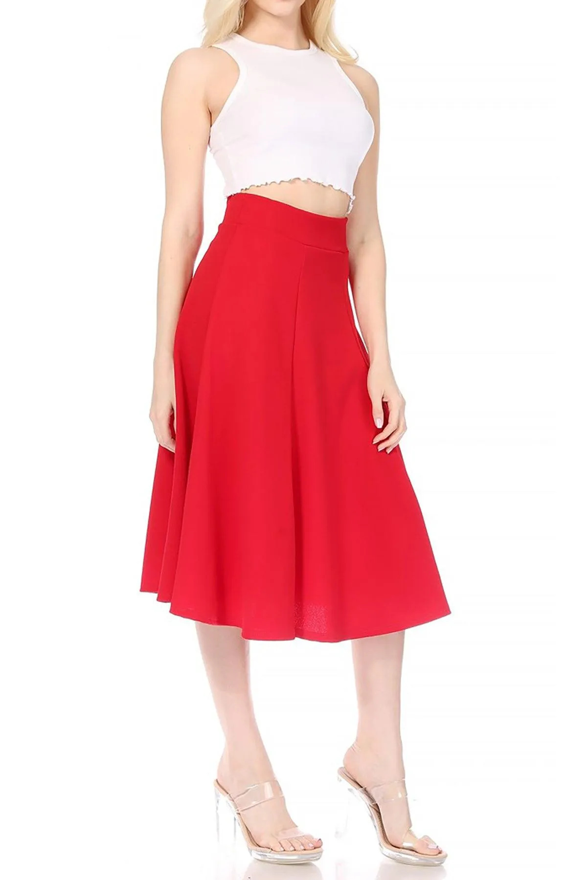 Women's Solid Flared Lightweight Elastic Long Midi A-line Skirt