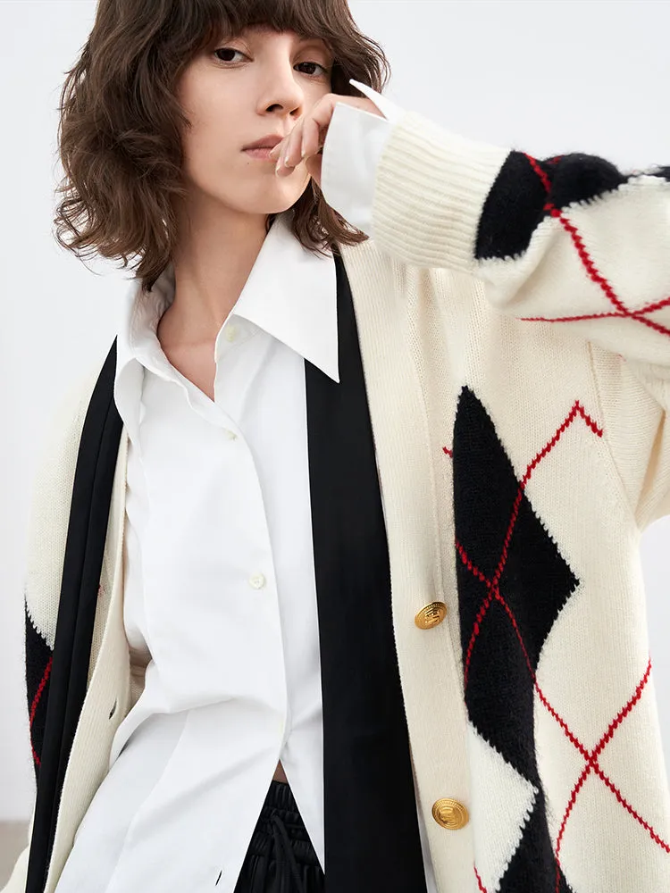 Wool-blend Contrast Argyle Cardigan