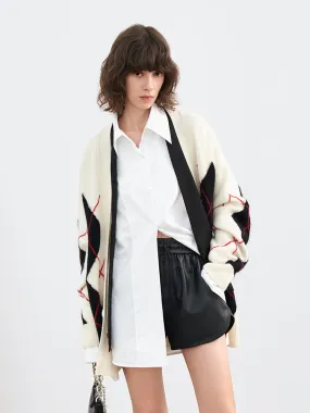 Wool-blend Contrast Argyle Cardigan