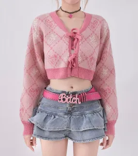 Y2K Jacquard Argyle Pink Blue Knit Cardigan & Denim Skirt & Leg warmers Three Piece Set