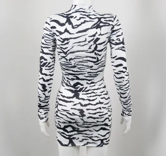 Zebra Print Long Sleeve Turtle Neck Bodycon Dress