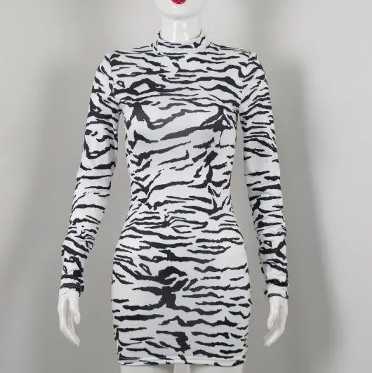 Zebra Print Long Sleeve Turtle Neck Bodycon Dress