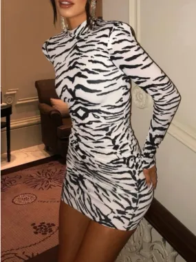 Zebra Print Long Sleeve Turtle Neck Bodycon Dress