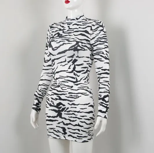 Zebra Print Long Sleeve Turtle Neck Bodycon Dress